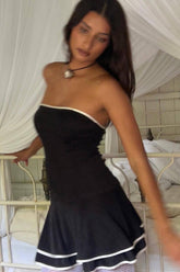 Strapless Colorblock Trim Layered Hem Elegant Mini Dresses-Black